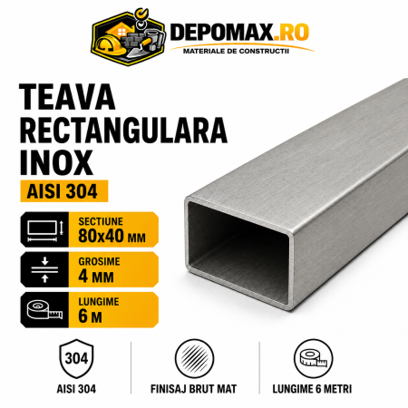Teava rectangulara inox AISI 304, 80 x 40 x 4 mm, 6 metri